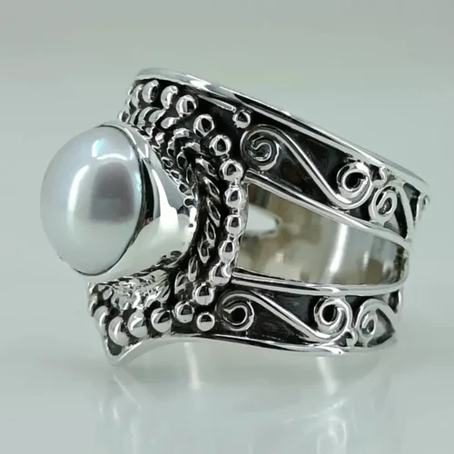 Vista 6 de Navya Craft Anillo de perlas, anillo de promesa de plata de ley 925 para mujer, perla de agua dulce natural, piedras preciosas redondas hechas a
