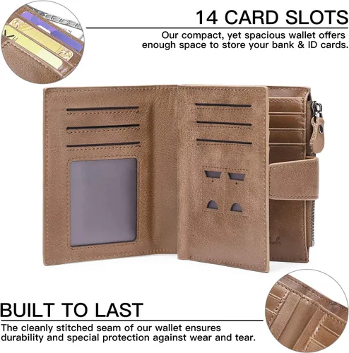 Vista 2 de FALAN MULE Cartera para hombre de piel auténtica suave con bloqueo RFID plegable elegante con bolsillo para monedas con 4 ventanas de identificación