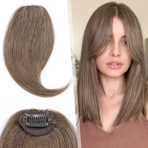 Vista 9 de Hairro Extensiones de flequillo lateral ondulado con clip, 100% cabello humano, 2 piezas con clip en la parte media, flequillo francés, lados