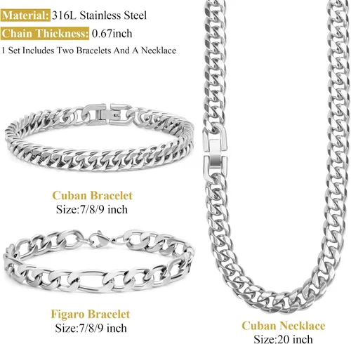 Vista 2 de Collar de pulsera Figaro de eslabones cubanos de 3 piezas, plata dorada y negra, resistente acero inoxidable 316L, cadena Figaro de eslabones
