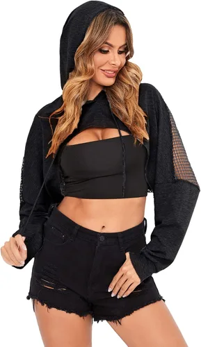 Vista 4 de Verdusa Sudadera corta con capucha y cordón para mujer con hombros caídos de red transparente
