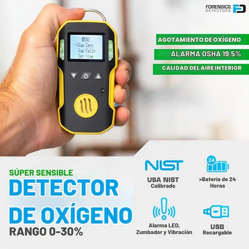 Vista 2 de Detector de oxígeno de Forensics Calibración y certificado NIST de EE. UU. A prueba de polvo y explosiones Recarga USB Alarmas de sonido