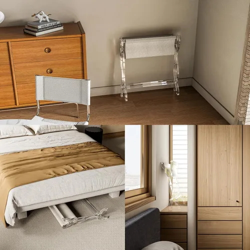 Vista 8 de Byingo Portaequipajes acrílico, elegante soporte plegable para maleta con estante de tela PET para habitación de invitados, dormitorio, hotel