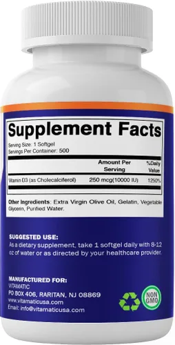 Vista 8 de Vitamatic Vitamina D3 10000 UI (250 mcg) - 500 cápsulas blandas (a base de aceite de oliva), sin OMG, sin gluten en mini cápsulas blandas prensadas