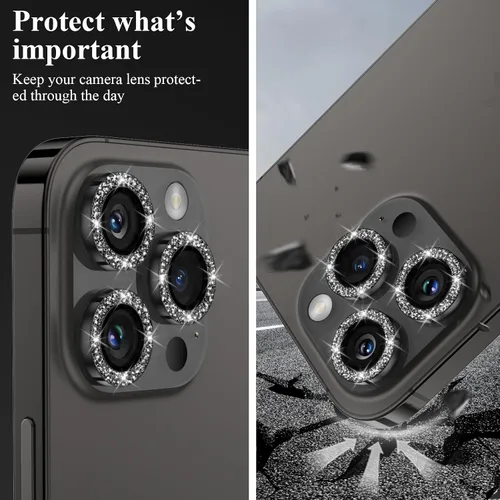 Vista 6 de YWXTW Diseñado para iPhone 14 Pro/iPhone 14 Pro Max Protector de Lente de Cámara Brillante, [Nuevo Diseño con Purpurina] Vidrio Templado de Metal