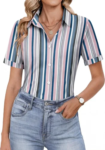 Vista 14 de HOTOUCH Camisas con botones para mujer, camisas de vestir de manga corta, blusas casuales de negocios, blusa de trabajo de oficina