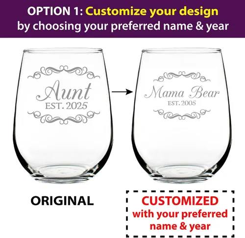 Vista 2 de Custom Aunt Est 20XX - New Aunties Stemless Wine Glass Gift for First Time Aunts - Personalized Decorative 17 Oz Large Glasses