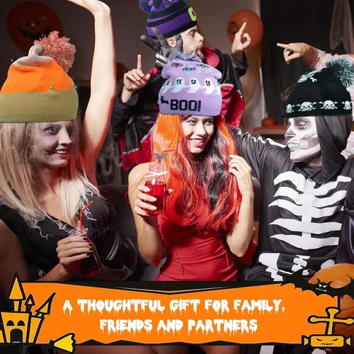 Vista 5 de 6 gorros de Halloween iluminados, sombreros LED de Halloween para hombres y mujeres, lindos gorros de calavera, sombreros de punto de calabaza