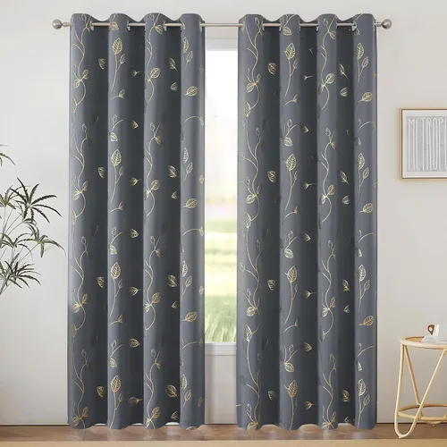 Vista 75 de BUHUA Cortinas pequeñas para ventana de 36 pulgadas de largo, 2 paneles, cortinas opacas con elegantes ramas de árbol plateadas, cortinas de bloqueo
