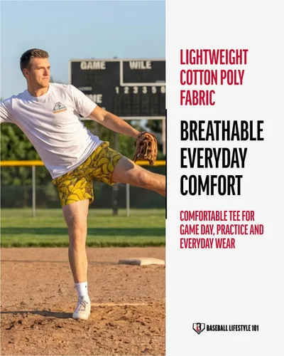 Vista 5 de Baseball Lifestyle 101 Camiseta Taco para hombre, color blanco, suave mezcla 60/40, transpirable, camiseta con costuras laterales, tallas