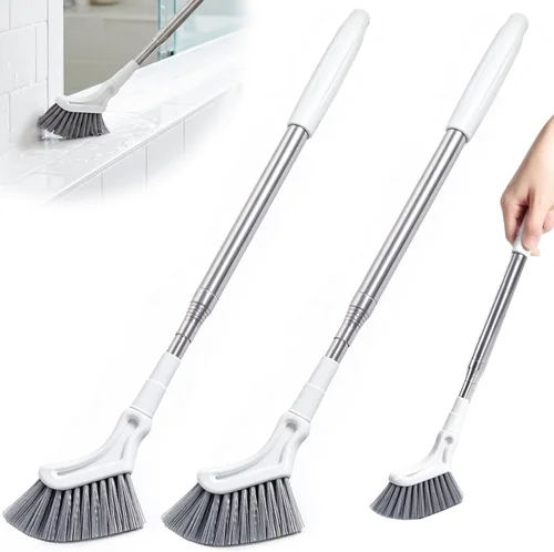 Vista 7 de Cepillo multifuncional extensible de mango largo, limpiador de hendiduras y zócalos con cabezal de cepillo de inodoro curvado, 1 unidad