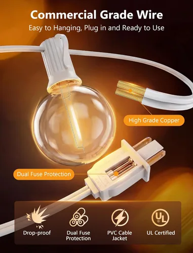 Vista 5 de Guirnalda de luces LED para exteriores, G40, de 25 pies, impermeable, con 27 bombillas inastillables, luces colgantes de decoración de Navidad al