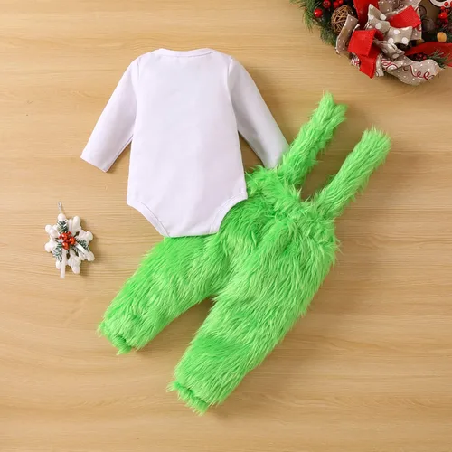 Vista 3 de Vestido de Navidad para niñas recién nacidas, manga larga, cuello redondo, mameluco + medio vestido de lentejuelas de felpa