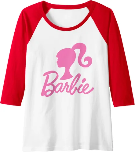 Vista 15 de Barbie - Camiseta de béisbol raglán raglán con logotipo rosa de Barbie, Negro - Negro/Blanco