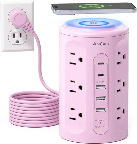 Vista 10 de Torre de tira de alimentación AnnTane con luz nocturna, tira de alimentación con protector de sobretensiones y puertos USB, cable de extensión de 10