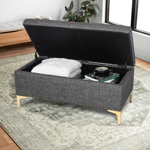 Vista 2 de Homebeez Banco otomano de almacenamiento de tela de lino, taburete rectangular con patas de metal (Y-gris oscuro)