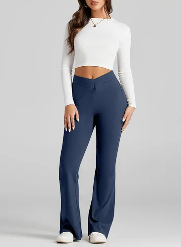 Vista 4 de Herseas Pantalones de chándal acampanados para mujer, cintura cruzada, pantalones acampanados para yoga