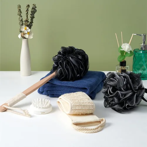 Vista 6 de Juego de 8 cepillos de baño – Esponja de lufa de ducha con mango largo, esponja natural exfoliante de espalda para ducha, puf de Luffa, masajeador
