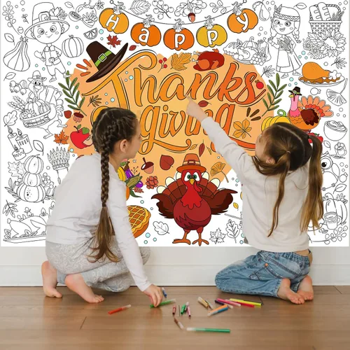 Vista 6 de HOWAF Póster para colorear con 24 bolígrafos de pintura, cartel gigante para colorear con texto en inglés "Give Thank Things", mantel gigante