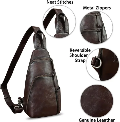 Vista 6 de Bolso bandolera de cuero genuino, bolso cruzado hecho a mano para senderismo, riñonera, mochila retro para el hombro, mochila de pecho vintage
