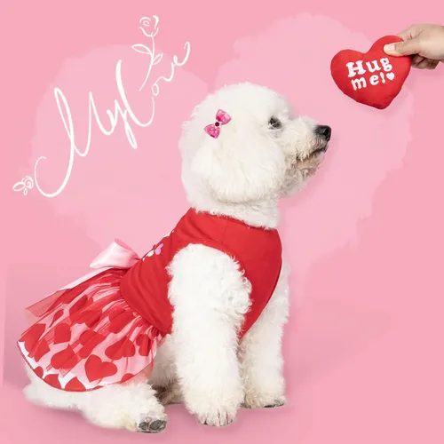 Vista 7 de cyeollo - Vestido de San Valentín para perro, traje de tul con estampado de corazón, con clip de lazo, talla XS Soft Breathable Fabric