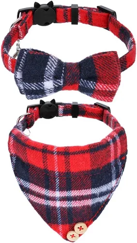 Vista 10 de Faleela Juego de 2 collares de gato con corbata de moño y campana, collar de camisa a cuadros para gatito ajustable de seguridad