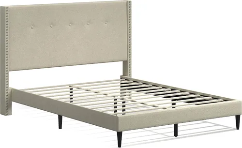 Vista 3 de Glenwillow Home MCM - Marco de cama con plataforma tapizada, botón con ribete de cabeza de clavo, respaldo de ala, base de colchón, no necesita Beige