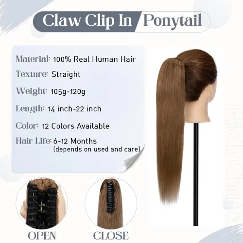 Vista 54 de Rich Choices Extensión de cola de caballo con clip de garra, cabello humano real, una pieza, extensiones de cabello largo Remy para mujer, #18P613