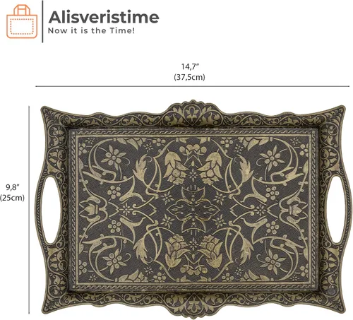 Vista 3 de Alisveristime Bandeja otomana de Zamak turco con motivos tradicionales, ideal para café y té, bandeja para seis personas (14.5 x 9.85 pulgadas)