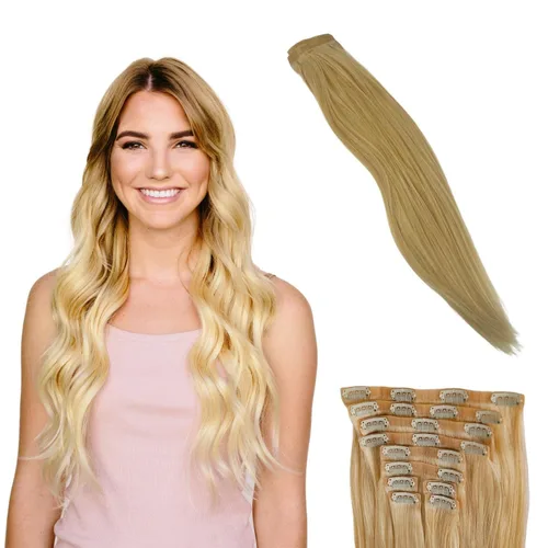 Vista 10 de BFB Hair Extensiones de cabello con pinzas para mujer, extensiones de cabello humano real, color rubio beige con reflejos rubios, 21 pulgadas, 10