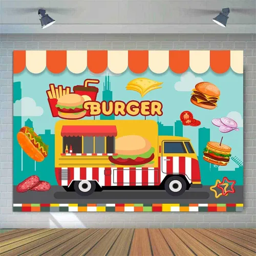 Vista 2 de Telón de fondo de cumpleaños de hamburguesas, vinilo de 7 x 5 pies, hamburguesa, camión, comedor, fiesta, fondo de fotos, comida rápida, arte