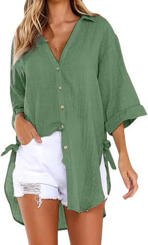 Vista 76 de Camisas de manga larga con botones para mujer, asimétricas, casuales, con cordones, túnica de gran