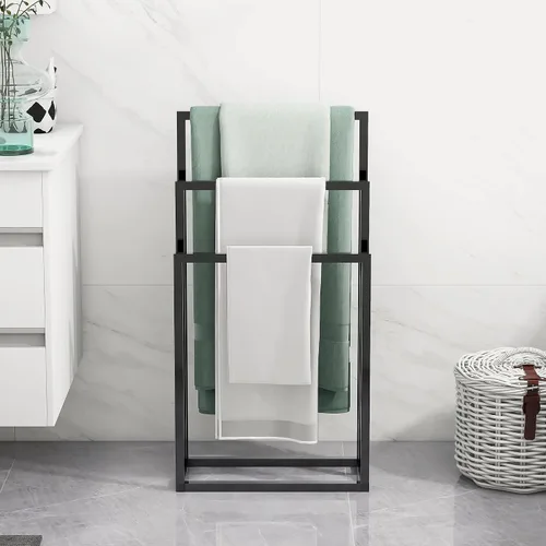 Vista 2 de BOFENG Toallero de metal negro de 3 niveles cromado alto, industrial, moderno, independiente para accesorios de baño, organizador