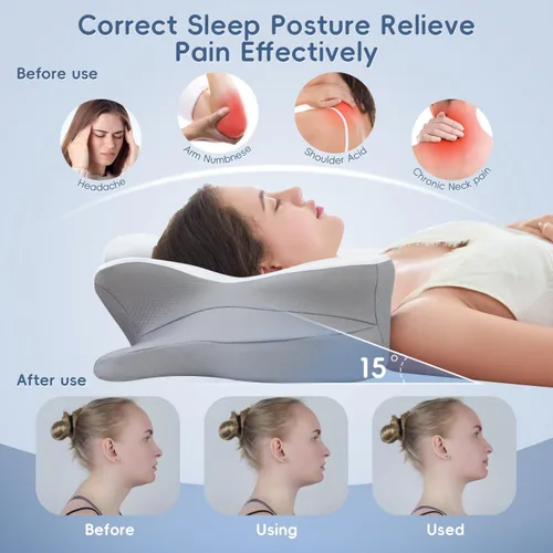 Vista 3 de Almohada cervical para el cuello, almohadas ergonómicas de espuma viscoelástica para aliviar el dolor de cuello con funda de almohada transpirable