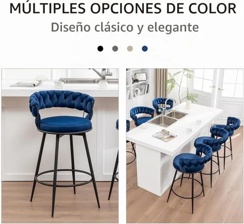 Vista 5 de Juego de 2 taburetes de bar giratorios modernos con respaldo tejido, taburetes de bar de terciopelo para isla de cocina, cafetería, pub, azul
