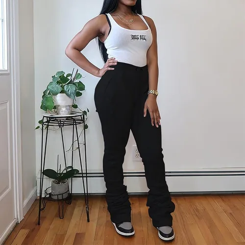 Vista 5 de Pantalones apilados para mujer, leggings de cintura alta con cordón ajustable, pantalones casuales acampanados, pantalones de entrenamiento