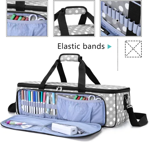 Vista 4 de LUXJA Bolsa de transporte para máquinas troqueladoras Cricut y suministros, puntos grises Bolsa de mano con patas de goma compatible con Cricut