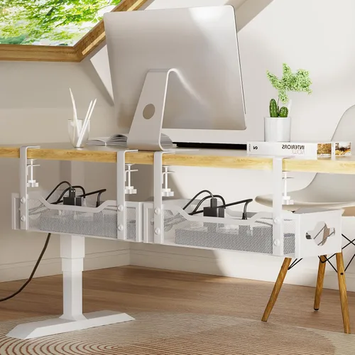 Vista 9 de Bandeja de organización de cables para debajo del escritorio, sin taladros, organización de cables de malla metálica debajo del escritorio