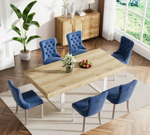 Vista 35 de Juego de mesa de comedor extensible marrón de 63 a 78.74 pulgadas para 4, juego de mesa de comedor de 5 piezas con 4 sillas tapizadas, mesa