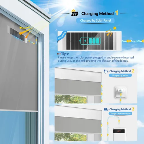 Vista 4 de Persianas eléctricas opacas motorizadas con control remoto, panel solar, compatibles con Alexa, color gris, 24 x 72 pulgadas