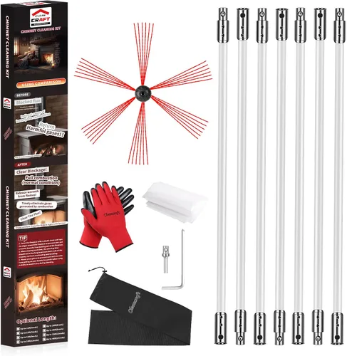 Vista 13 de Kit de limpieza de chimenea de 16 pies, kit de limpieza de chimenea con 5 varillas de chimenea flexibles, sistema de limpieza de chimenea giratorio