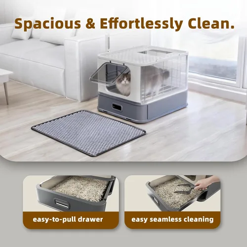 Vista 6 de PAKEWAY Caja de arena cerrada de acero inoxidable para gatos con cajón extraíble, diseño cubierto a prueba de fugas, caja de arena de metal grande