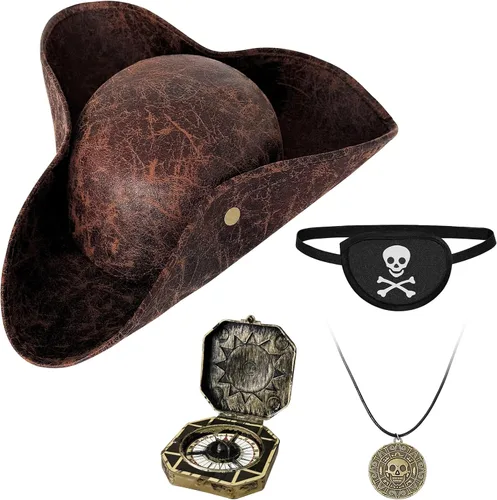 Vista 10 de Zddaoole 4PCS Pirate Hat,Renaissance Pirate Tricorn Hat with Eye Patch & Necklaces for Halloween Cosplay