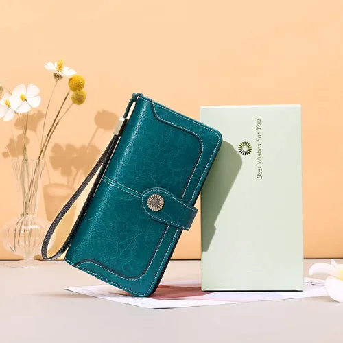 Vista 6 de FALAN MULE Cartera de cuero genuino RFID bloqueo gran capacidad Trifold señoras cartera.