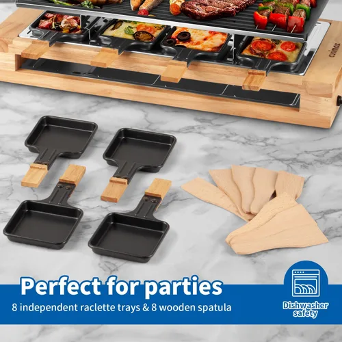 Vista 6 de CUSIMAX - Parrilla de mesa de raclette para interiores, parrilla eléctrica de 1500 W con placa antiadherente reversible 2 en 1/base de madera