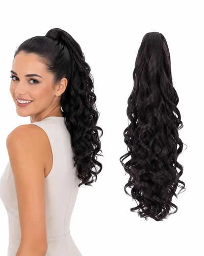 Vista 18 de Prettyshop - Extensión de cola de caballo de 24 pulgadas con clip, larga, voluminosa, ondulada, resistente al calor, color negro H63 Negro # 1 H63
