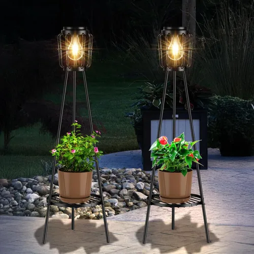Vista 11 de MXwcy Lámpara de pie solar con soportes para plantas, luces solares para exteriores con bombillas LED Edison vintage, luces de jardín resistentes a