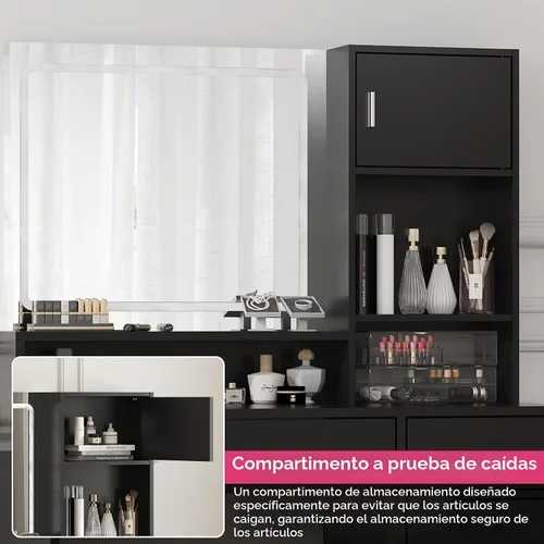 Vista 2 de MIRROTOWEL Escritorio de tocador con espejo de luz LED, tocador con cajón grande y almacenamiento de 3 niveles, brillo ajustable, 3 modos