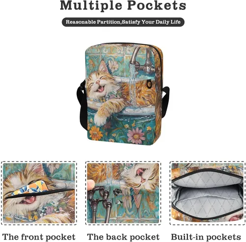 Vista 2 de Cartoon Cute Bathing Cat Vintage Bathtub messenger bags cross body bag for woman Casual Womens Purse Shoulder Handbag For Travel Adjustable Strap