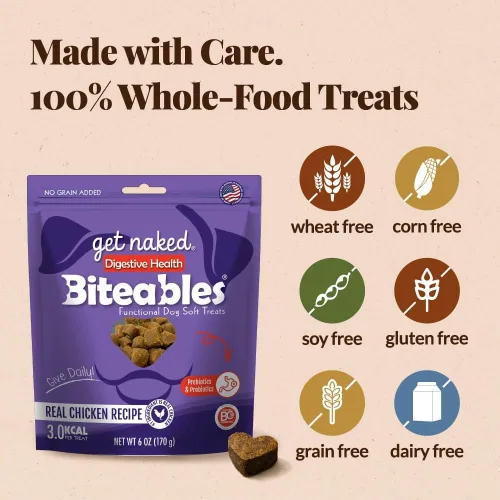 Vista 3 de Get Naked Biteables - Golosinas suaves diarias para perros para la salud digestiva, hechas con harina de pollo real y arroz para una fácil